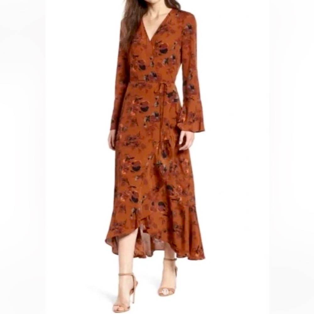 Leith Floral Wrap Dress in Rust Orange